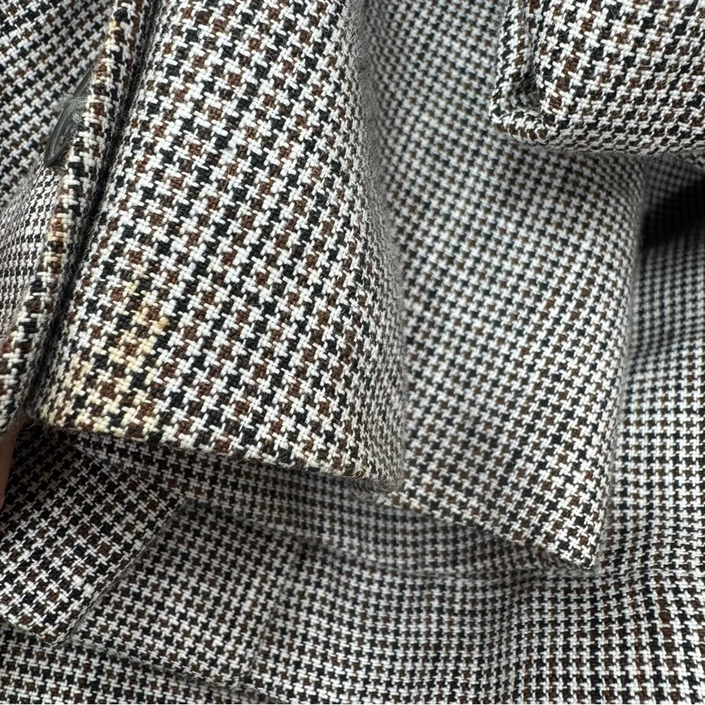 Zara Mens Houndstooth Blazer brown tan tones Linen sport coat Sz 36 half lined